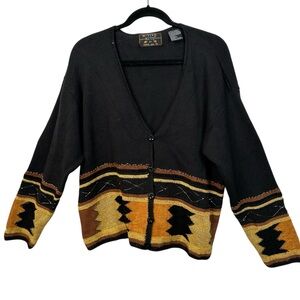 N8tive Knits Black Gold Cardigan Size L Sequin Trim Vintagecore Boho Knit